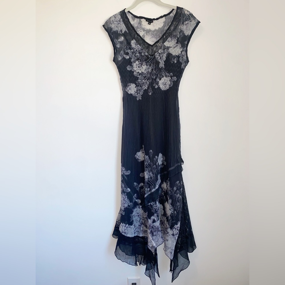 Komarov Black Floral Dress With Asymmetrical Hem